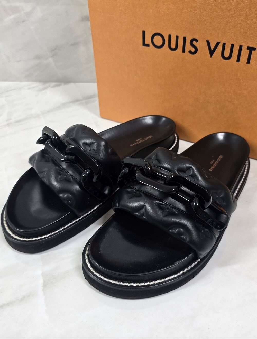 Louis Vuitton Black Quilted Chain Slide Sandals